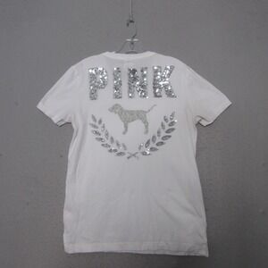 Victorias Secret PINK‎ Shirt XS White Campus Tee VS Sequin Bling Y2K Dog Logo